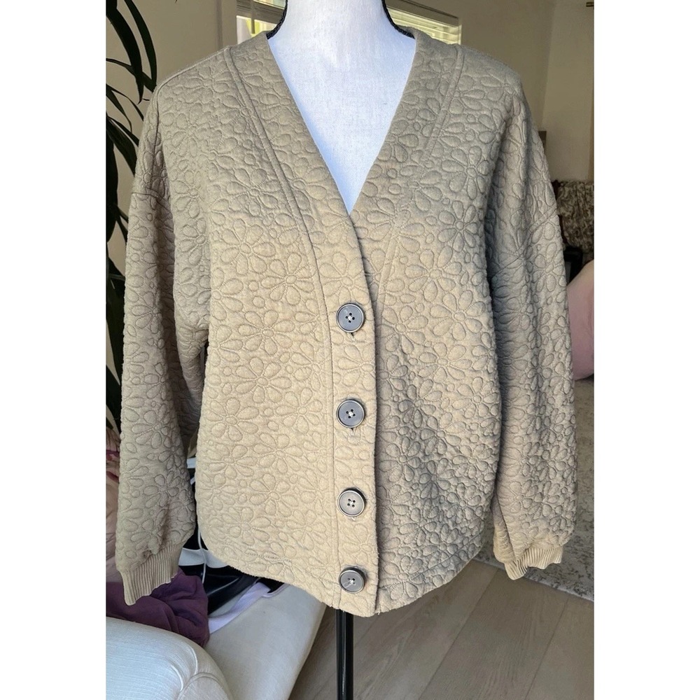 Madewell Flower Puff Jacquard Crop Cardigan Medium Green Button Women Cottagecor